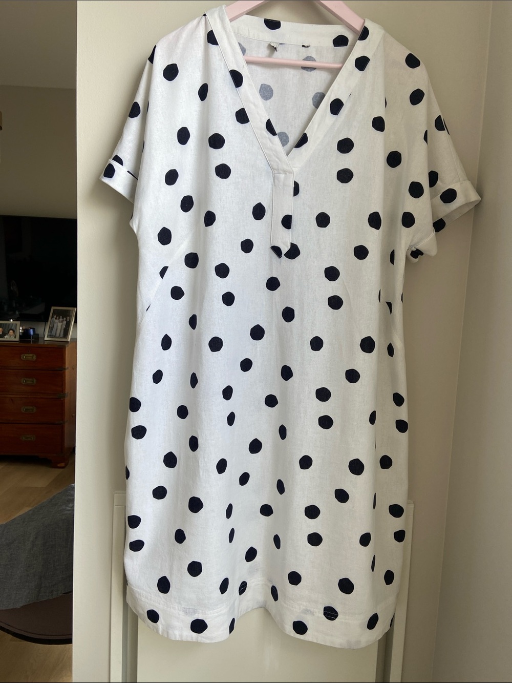 White Polka Dot Linen  Tunic Dress with Navy Dots